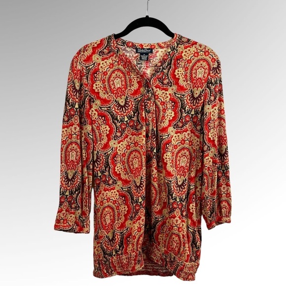 Lucky Brand Tops - Lucky Brand Women's Red Medallion Print Boho 3/4 Sleeve Split Neck Blouse Sz M